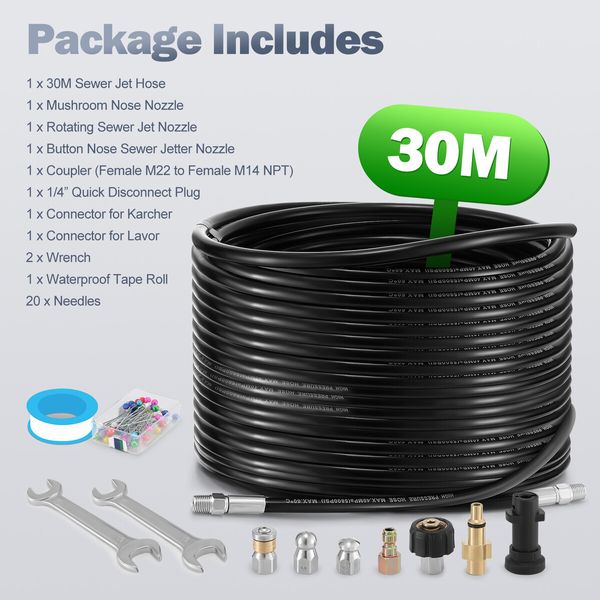 30m Sewer Jetter Kit for High Pressure Washer Blaster Drain Cleaner Hose 5800PSI 1/4 Inch NPT Corner Jetting Cleaning Pipe Button Nose Rotating Nozzle