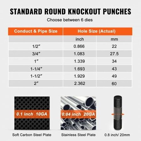 10 Ton Hydraulic Knockout Punch Kit, 1/2" to 2" Conduit Hole Cutter Set, KO Tool Kits with Puncher 6 Piece, Metal Sheet Driver Tools, For Aluminum, Brass, Stainless Steel, Fiberglass and Plastic