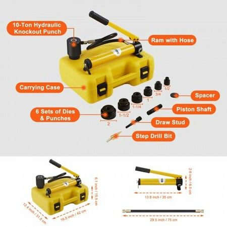 10 Ton Hydraulic Knockout Punch Kit, 1/2" to 2" Conduit Hole Cutter Set, KO Tool Kits with Puncher 6 Piece, Metal Sheet Driver Tools, For Aluminum, Brass, Stainless Steel, Fiberglass and Plastic