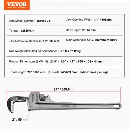 Pipe Wrench, 24" Aluminum Straight Pipe Wrench, Adjustable Plumbing Wrench, with High Strength Jaw and Ergonomic Handle, Easy to Carry, Hangable Design, for Water Pipes, Automotive Repairs