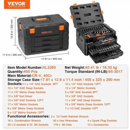 Mechanics Tool Set and Socket Set, 1/4" 3/8" 1/2" Drive Deep and Standard Sockets, 450 Pcs SAE and Metric Mechanic Tool Kit with Bits, Hex Wrenches, Combination Wrench, Accessories, Storage Case