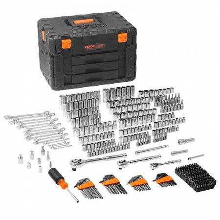 Mechanics Tool Set and Socket Set, 1/4" 3/8" 1/2" Drive Deep and Standard Sockets, 450 Pcs SAE and Metric Mechanic Tool Kit with Bits, Hex Wrenches, Combination Wrench, Accessories, Storage Case