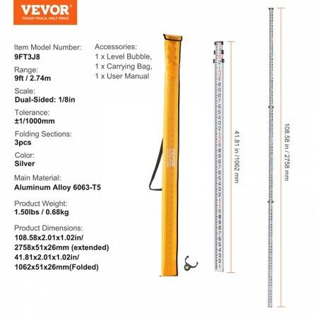 Measuring Rod 9-Feet/8ths 3 Sections Telescopic Grade Rod 1/8in w/ Bag