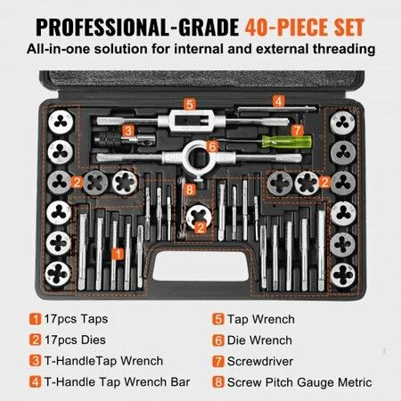 Tap and Die Set 40Pcs Metric Size M3 to M12 Bearing Steel Threading Tool