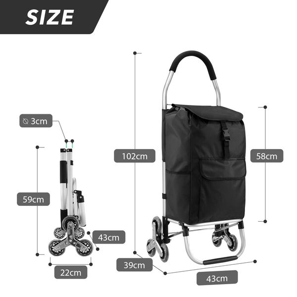 Foldable Shopping Cart Trolley Bag Dolly Aluminium Waterproof Wheeled Storage Grocery Market Utility Granny Stair Climbing Wheels 45L