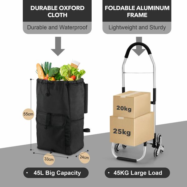 Foldable Shopping Cart Trolley Bag Dolly Aluminium Waterproof Wheeled Storage Grocery Market Utility Granny Stair Climbing Wheels 45L