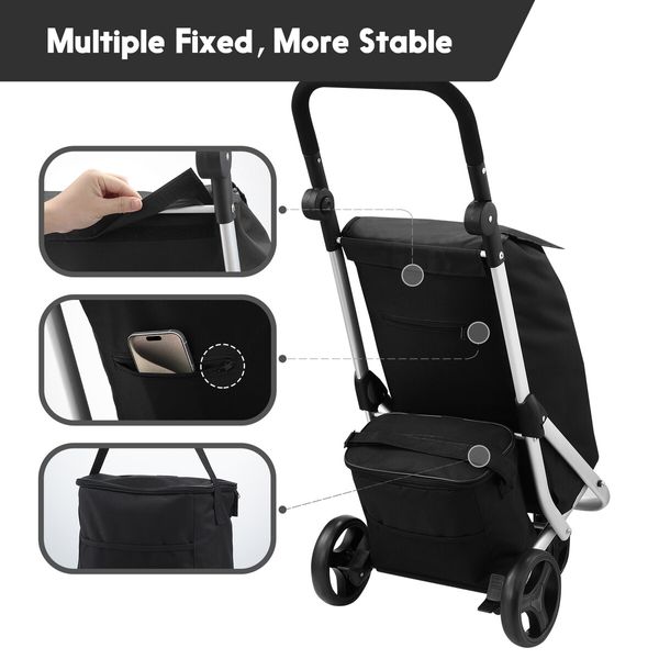 Shopping Cart Trolley Insulation Bag Dolly Aluminium Waterproof Wheeled Storage Foldable Grocery Market Utility Granny Silent Rolling Wheels 45L