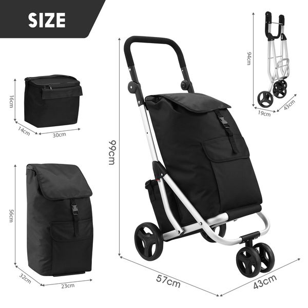 Shopping Cart Trolley Insulation Bag Dolly Aluminium Waterproof Wheeled Storage Foldable Grocery Market Utility Granny Silent Rolling Wheels 45L