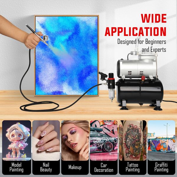 Airbrush Kit Compressor Sprayer Gun Painting Air Brush Equipment Set for Car Decoration Model Nails Makeup Tattoo Graffiti with Air Tank