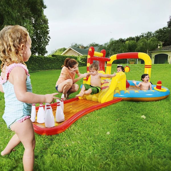 Bestway Lil’ Champ Water Play Pool Centre Playground Inflatable Splash Park Sprayer Bowling Basketball Ring Outdoor Activity Waterplay 4.35x2.13x1.17m