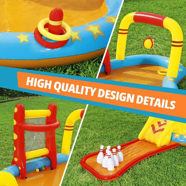 Bestway Lil’ Champ Water Play Pool Centre Playground Inflatable Splash Park Sprayer Bowling Basketball Ring Outdoor Activity Waterplay 4.35x2.13x1.17m