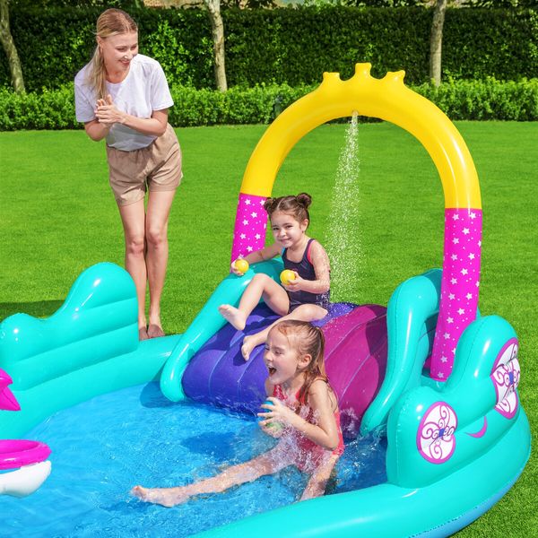 Bestway Magical Unicorn Carriage Water Play Centre Slide Playset Pool Toys 2.74x1.98x1.37m Outdoor Backyard Park Beach Playground Activity Station