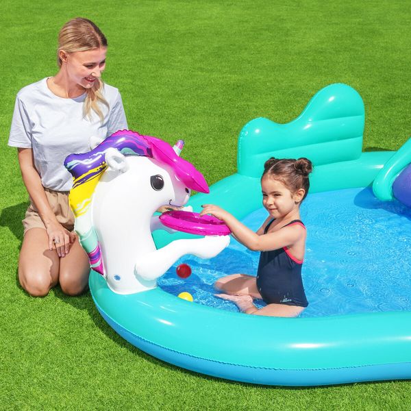 Bestway Magical Unicorn Carriage Water Play Centre Slide Playset Pool Toys 2.74x1.98x1.37m Outdoor Backyard Park Beach Playground Activity Station