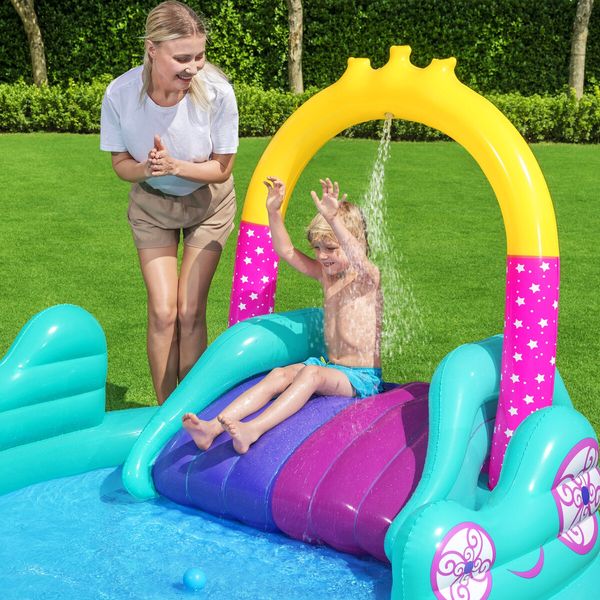 Bestway Magical Unicorn Carriage Water Play Centre Slide Playset Pool Toys 2.74x1.98x1.37m Outdoor Backyard Park Beach Playground Activity Station