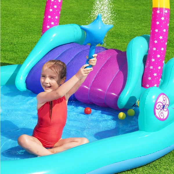 Bestway Magical Unicorn Carriage Water Play Centre Slide Playset Pool Toys 2.74x1.98x1.37m Outdoor Backyard Park Beach Playground Activity Station