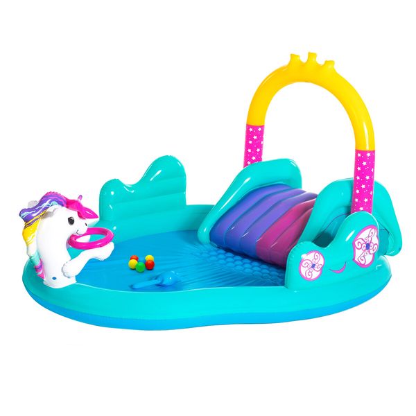 Bestway Magical Unicorn Carriage Water Play Centre Slide Playset Pool Toys 2.74x1.98x1.37m Outdoor Backyard Park Beach Playground Activity Station