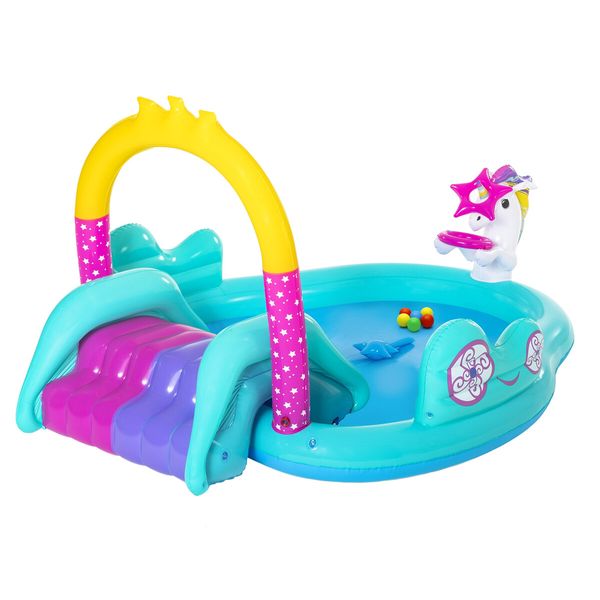 Bestway Magical Unicorn Carriage Water Play Centre Slide Playset Pool Toys 2.74x1.98x1.37m Outdoor Backyard Park Beach Playground Activity Station