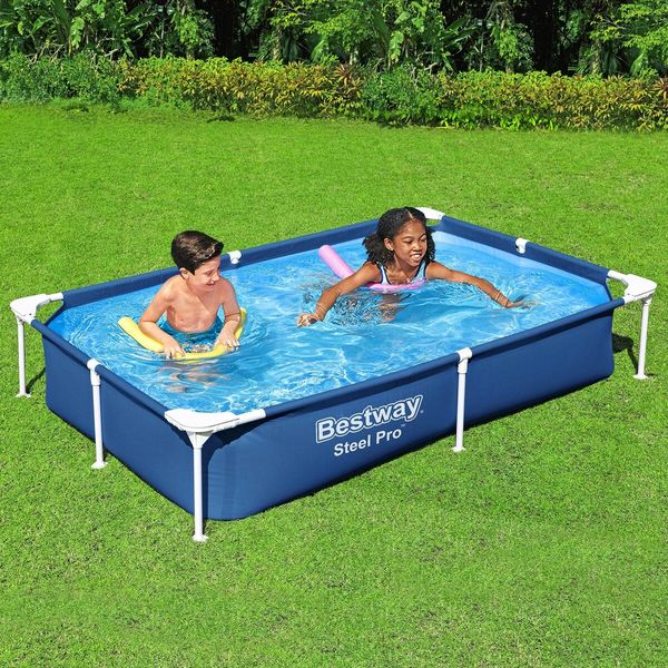 Bestway Swimming Pool Rectangular Above Ground Pools 221x150x43cm Steel Pro Frame Easy Set Up for Outdoor Backyard Kids Water Play Centre