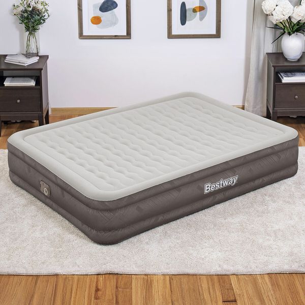 Bestway Fortech Snugable Top Airbed Blow Up Inflatable Air Mattress Queen Bed Camping 203x152x36cm with Built-in Pump Antimicrobial Coating