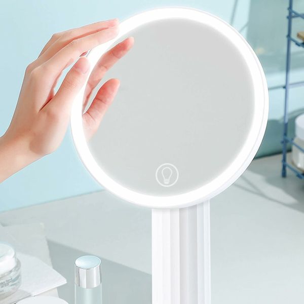 LED Makeup Mirror with Light Lamp with Storage Cosmetic Mirror Light USB Vanity Mirror Desktop Rotating Adjustable Dimming (White)