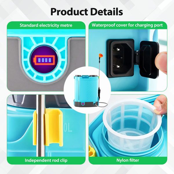 16L Electric Backpack Sprayer 12V Battery Powered Rechargeable Knapsack Garden Watering Lawn Weed Disinfection Agriculture Car Wash Spray Equipment