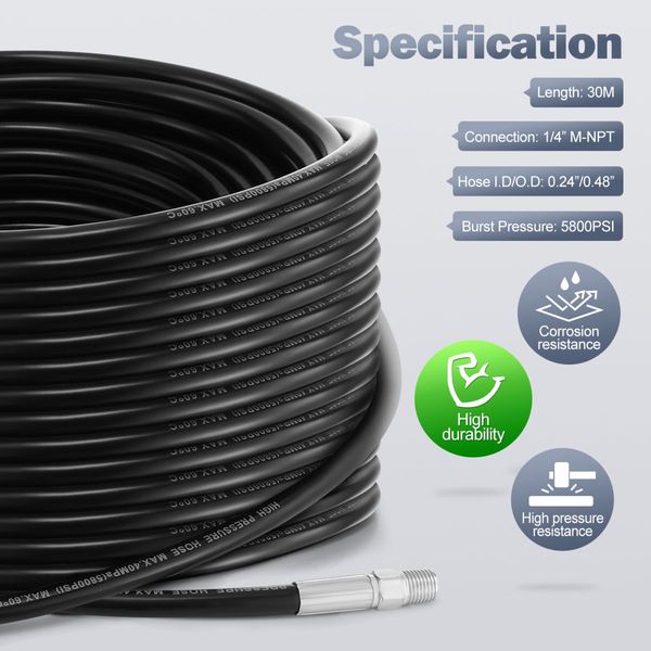 30m Sewer Jetter Kit for High Pressure Washer Blaster Drain Cleaner Hose 5800PSI 1/4 Inch NPT Corner Jetting Cleaning Pipe Button Nose Rotating Nozzle