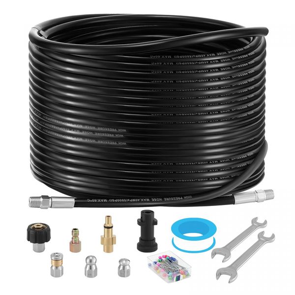 30m Sewer Jetter Kit for High Pressure Washer Blaster Drain Cleaner Hose 5800PSI 1/4 Inch NPT Corner Jetting Cleaning Pipe Button Nose Rotating Nozzle