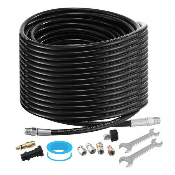 30m Sewer Jetter Kit for High Pressure Washer Blaster Drain Cleaner Hose 5800PSI 1/4 Inch NPT Corner Jetting Cleaning Pipe Button Nose Rotating Nozzle