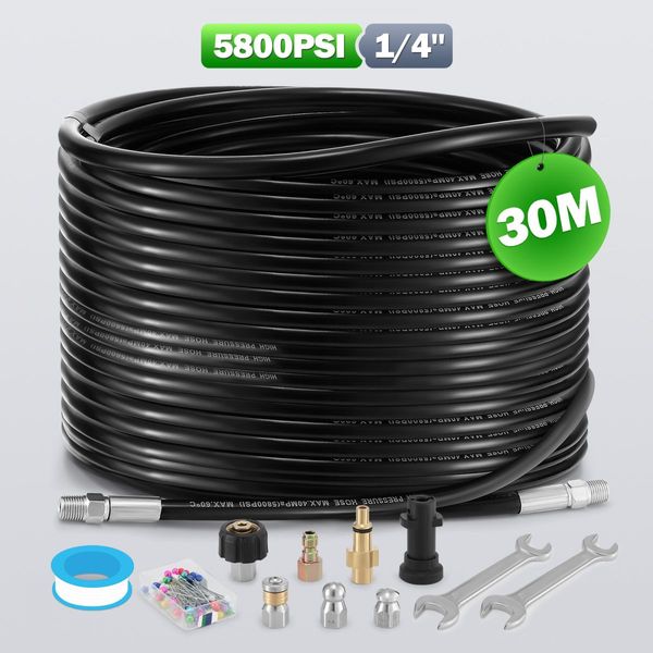 30m Sewer Jetter Kit for High Pressure Washer Blaster Drain Cleaner Hose 5800PSI 1/4 Inch NPT Corner Jetting Cleaning Pipe Button Nose Rotating Nozzle