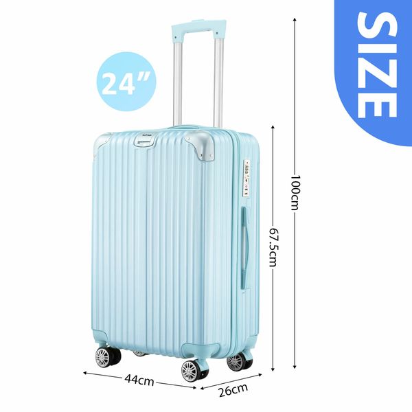 24 Inch Luggage Carry On Suitcase Traveller Hard Shell Cabin Checked Bag Lightweight Rolling Trolley TSA Lock Front Hook Pale Blue