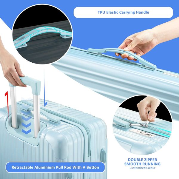 24 Inch Luggage Carry On Suitcase Traveller Hard Shell Cabin Checked Bag Lightweight Rolling Trolley TSA Lock Front Hook Pale Blue