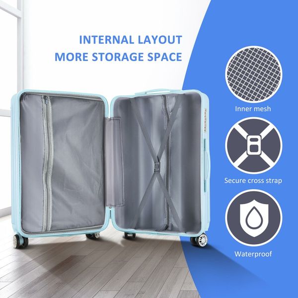 24 Inch Luggage Carry On Suitcase Traveller Hard Shell Cabin Checked Bag Lightweight Rolling Trolley TSA Lock Front Hook Pale Blue