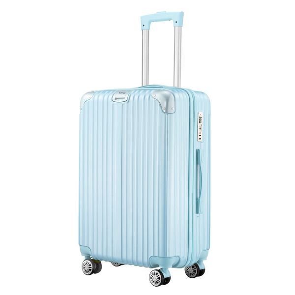 24 Inch Luggage Carry On Suitcase Traveller Hard Shell Cabin Checked Bag Lightweight Rolling Trolley TSA Lock Front Hook Pale Blue