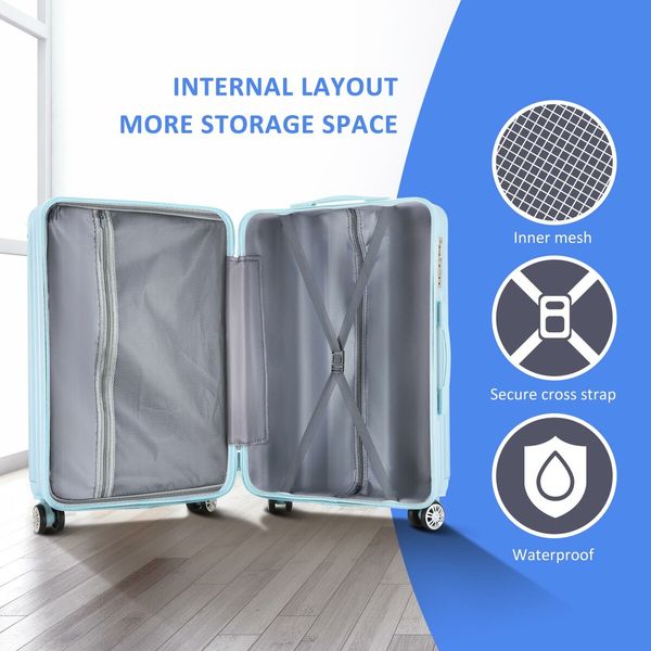 Carry On Suitcase Hard Shell Luggage Cabin Travel Baggage Lightweight Checked Bag 4 Wheel Rolling Trolley TSA Lock 20 Inch Pale Blue