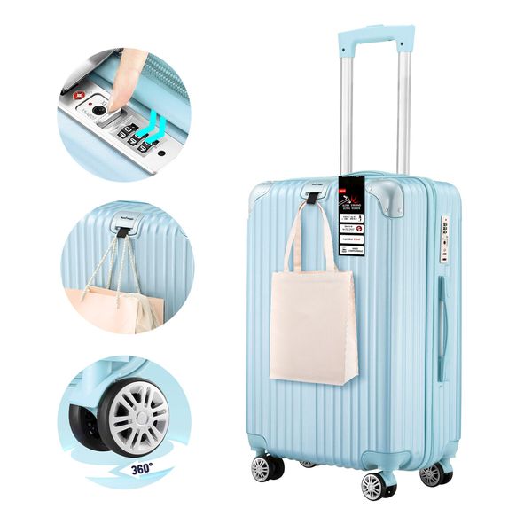 Carry On Suitcase Hard Shell Luggage Cabin Travel Baggage Lightweight Checked Bag 4 Wheel Rolling Trolley TSA Lock 20 Inch Pale Blue