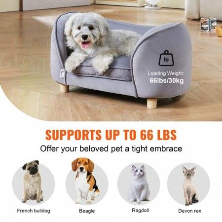 Pet Sofa, Dog Couch for Small Dogs and Cats, 27x15x15 inch Soft Velvety Dog Sofa Bed, 30 kg Loading Cat Sofa, Dark Grey