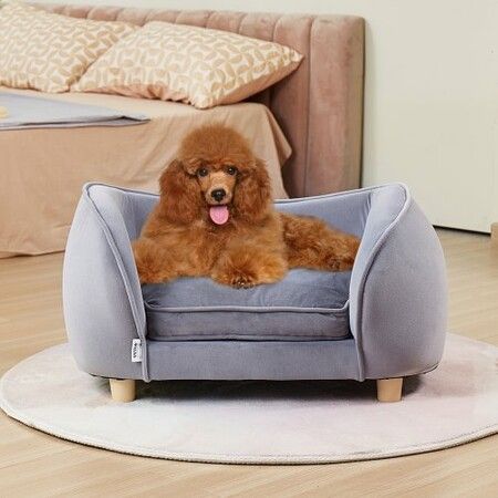 Pet Sofa, Dog Couch for Small Dogs and Cats, 27x15x15 inch Soft Velvety Dog Sofa Bed, 30 kg Loading Cat Sofa, Dark Grey