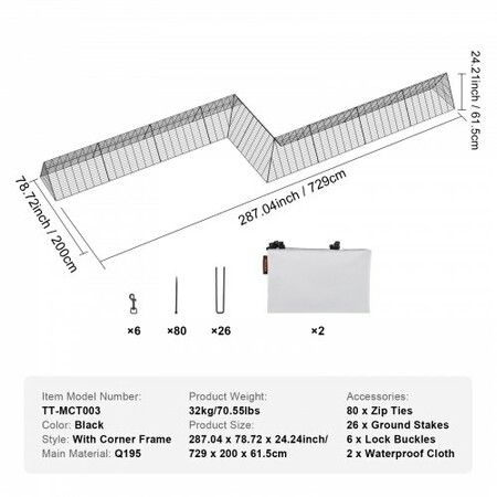 Chicken Tunnels, 729 x 200 x 61.5cm(LxWxH) Chicken Tunnels for Yard, Portable Chicken Tunnels for Outside with Corner Frames, 2 Sets, Suitable for Chickens, Ducks, Rabbits