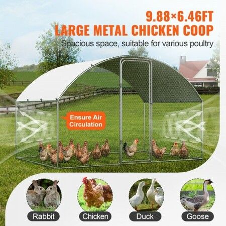 Chicken Coop, 9.8x6.5x6.5ft Walk-in Large Metal Chicken Run for Yard with Waterproof Cover, Doom Roof Hen House with Security Lock for Outdoor and Backyard, Farm, Duck Rabbit Cage Poultry Pen