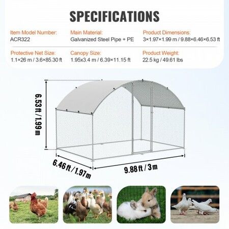 Chicken Coop, 9.8x6.5x6.5ft Walk-in Large Metal Chicken Run for Yard with Waterproof Cover, Doom Roof Hen House with Security Lock for Outdoor and Backyard, Farm, Duck Rabbit Cage Poultry Pen