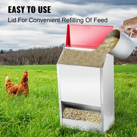 Galvanized Poultry Feeder Holds 13.6kg of Feed Chicken Feeders No Waste 35x21x45 cm Hanging Chicken Feeder with Lid Weatherproof Outdoor Coop Food Dispenser for Duck