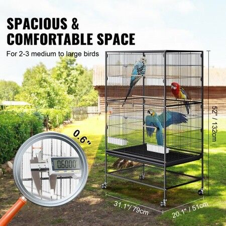 52 inch Standing Large Bird Cage, Carbon Steel Flight Bird Cage for Parakeets, Cockatiels, Parrots, Macaw with Rolling Stand and Tray