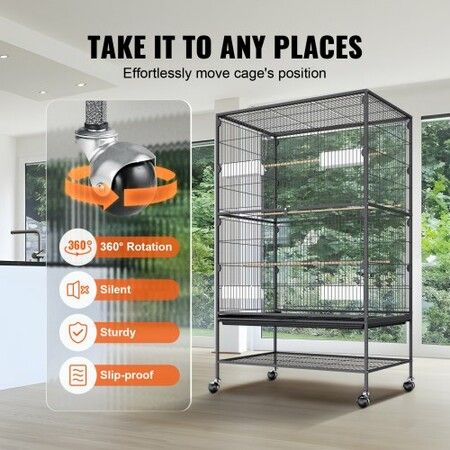 52 inch Standing Large Bird Cage, Carbon Steel Flight Bird Cage for Parakeets, Cockatiels, Parrots, Macaw with Rolling Stand and Tray