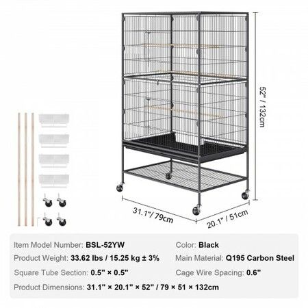 52 inch Standing Large Bird Cage, Carbon Steel Flight Bird Cage for Parakeets, Cockatiels, Parrots, Macaw with Rolling Stand and Tray