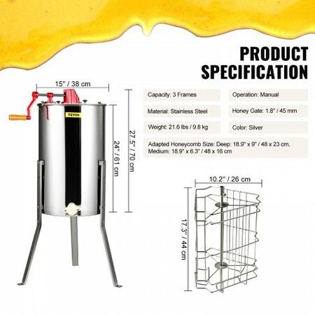 Manual Honey Extractor, 3 Frames Honey Spinner Extractor, Stainless Steel Beekeeping Extraction, Honeycomb Drum Spinner with Lid, Apiary Centrifuge Equipment with Height Adjustable Stand