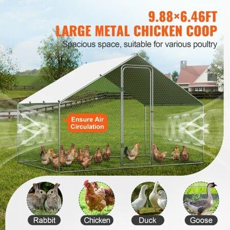 Large Metal Chicken Coop,  3x1.97x1.99 m Walk-in Chicken Run with Waterproof Cover, Spire Roof Hen House with Security Lock for Outdoor and Backyard, Farm, Duck Rabbit Cage Poultry Pen