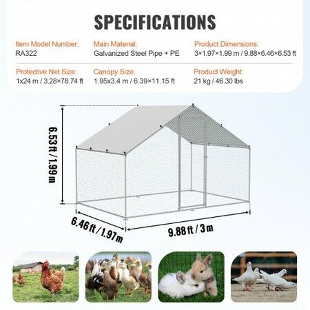 Large Metal Chicken Coop,  3x1.97x1.99 m Walk-in Chicken Run with Waterproof Cover, Spire Roof Hen House with Security Lock for Outdoor and Backyard, Farm, Duck Rabbit Cage Poultry Pen