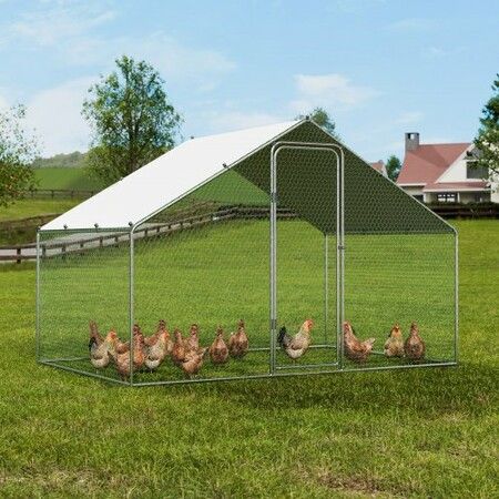 Large Metal Chicken Coop,  3x1.97x1.99 m Walk-in Chicken Run with Waterproof Cover, Spire Roof Hen House with Security Lock for Outdoor and Backyard, Farm, Duck Rabbit Cage Poultry Pen