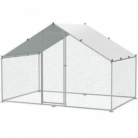 Large Metal Chicken Coop,  3x1.97x1.99 m Walk-in Chicken Run with Waterproof Cover, Spire Roof Hen House with Security Lock for Outdoor and Backyard, Farm, Duck Rabbit Cage Poultry Pen