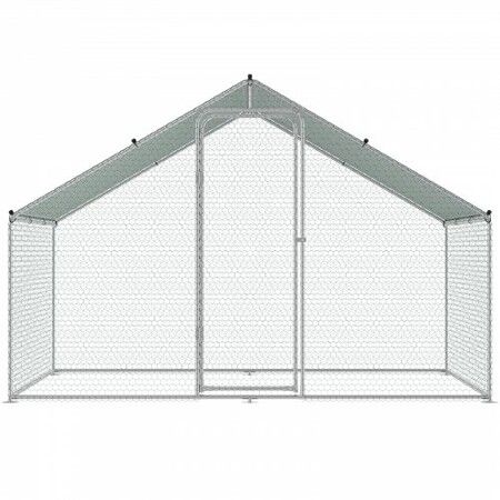 Large Metal Chicken Coop,  3x1.97x1.99 m Walk-in Chicken Run with Waterproof Cover, Spire Roof Hen House with Security Lock for Outdoor and Backyard, Farm, Duck Rabbit Cage Poultry Pen